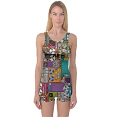 Pattern Design Art Techno  Dj Music Retro Music Device One Piece Boyleg Swimsuit by Cemarart