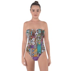 Pattern Design Art Techno  Dj Music Retro Music Device Tie Back One Piece Swimsuit by Cemarart