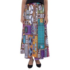 Pattern Design Art Techno  Dj Music Retro Music Device Flared Maxi Skirt by Cemarart