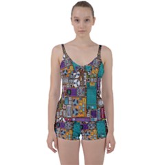 Pattern Design Art Techno  Dj Music Retro Music Device Tie Front Two Piece Tankini by Cemarart