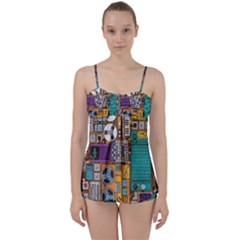 Pattern Design Art Techno  Dj Music Retro Music Device Babydoll Tankini Set by Cemarart