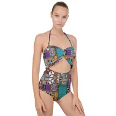 Pattern Design Art Techno  Dj Music Retro Music Device Scallop Top Cut Out Swimsuit by Cemarart