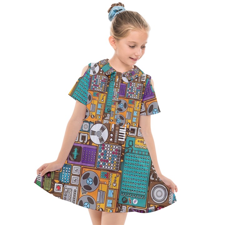 Pattern Design Art Techno  Dj Music Retro Music Device Kids  Short Sleeve Shirt Dress