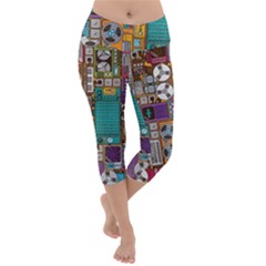 Pattern Design Art Techno  Dj Music Retro Music Device Lightweight Velour Capri Yoga Leggings by Cemarart