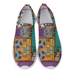 Pattern Design Art Techno  Dj Music Retro Music Device Women s Slip On Sneakers by Cemarart