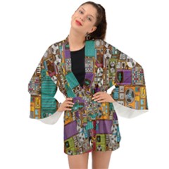 Pattern Design Art Techno  Dj Music Retro Music Device Long Sleeve Kimono by Cemarart