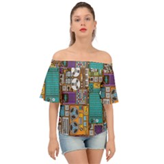 Pattern Design Art Techno  Dj Music Retro Music Device Off Shoulder Short Sleeve Top by Cemarart