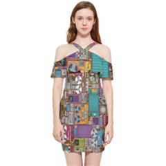 Pattern Design Art Techno  Dj Music Retro Music Device Shoulder Frill Bodycon Summer Dress by Cemarart