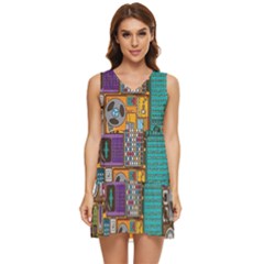 Pattern Design Art Techno  Dj Music Retro Music Device Tiered Sleeveless Mini Dress