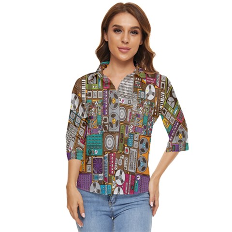 Pattern Design Art Techno  Dj Music Retro Music Device Women s Quarter Sleeve Pocket Shirt by Cemarart