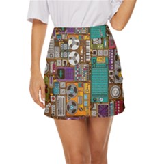 Pattern Design Art Techno  Dj Music Retro Music Device Mini Front Wrap Skirt by Cemarart