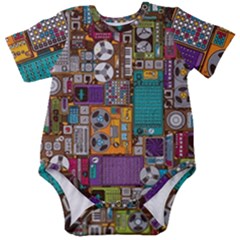 Pattern Design Art Techno  Dj Music Retro Music Device Baby Short Sleeve Bodysuit by Cemarart