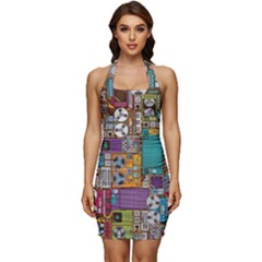 Pattern Design Art Techno  Dj Music Retro Music Device Sleeveless Wide Square Neckline Ruched Bodycon Dress by Cemarart