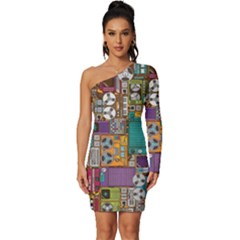 Pattern Design Art Techno  Dj Music Retro Music Device Long Sleeve One Shoulder Mini Dress by Cemarart