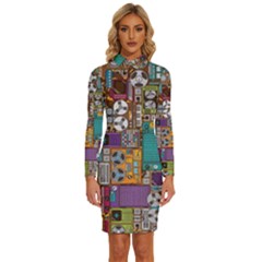 Pattern Design Art Techno  Dj Music Retro Music Device Long Sleeve Shirt Collar Bodycon Dress by Cemarart