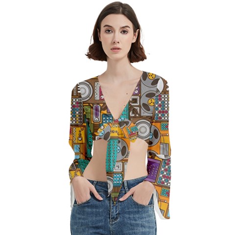 Pattern Design Art Techno  Dj Music Retro Music Device Trumpet Sleeve Cropped Top by Cemarart