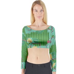 Green Retro Games Pattern Long Sleeve Crop Top by Cemarart