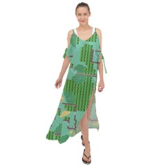 Green Retro Games Pattern Maxi Chiffon Cover Up Dress by Cemarart