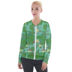 Green Retro Games Pattern Velvet Zip Up Jacket by Cemarart