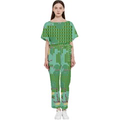 Green Retro Games Pattern Batwing Lightweight Chiffon Jumpsuit by Cemarart