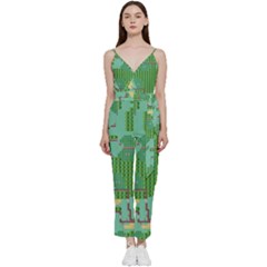 Green Retro Games Pattern V-neck Camisole Jumpsuit by Cemarart