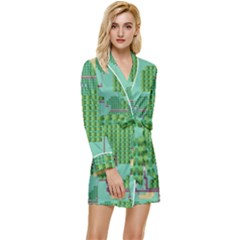 Green Retro Games Pattern Long Sleeve Satin Robe by Cemarart