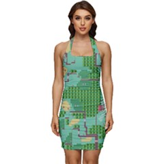 Green Retro Games Pattern Sleeveless Wide Square Neckline Ruched Bodycon Dress by Cemarart