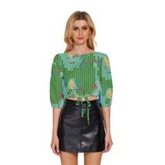 Green Retro Games Pattern Mid Sleeve Drawstring Hem Top by Cemarart