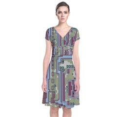 Arcade Game Retro Pattern Short Sleeve Front Wrap Dress by Cemarart