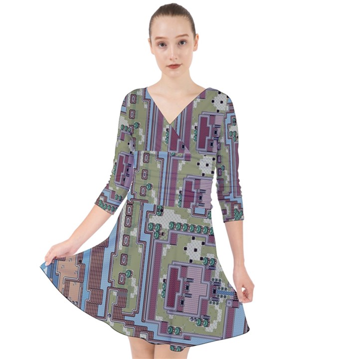 Arcade Game Retro Pattern Quarter Sleeve Front Wrap Dress