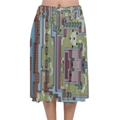 Arcade Game Retro Pattern Velvet Flared Midi Skirt