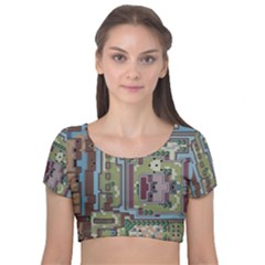 Arcade Game Retro Pattern Velvet Short Sleeve Crop Top  by Cemarart