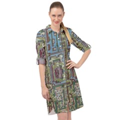 Arcade Game Retro Pattern Long Sleeve Mini Shirt Dress by Cemarart