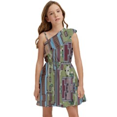 Arcade Game Retro Pattern Kids  One Shoulder Party Dress by Cemarart