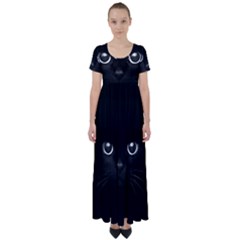 Black Cat Face High Waist Short Sleeve Maxi Dress by Cemarart