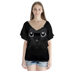 Black Cat Face V-neck Flutter Sleeve Top by Cemarart