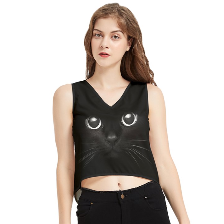 Black Cat Face V-Neck Cropped Tank Top