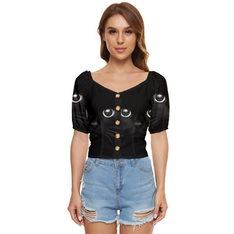 Black Cat Face Button Up Blouse by Cemarart