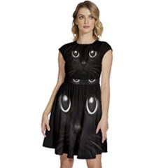 Black Cat Face Cap Sleeve High Waist Dress by Cemarart