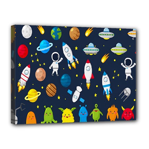 Big Set Cute Astronauts Space Planets Stars Aliens Rockets Ufo Constellations Satellite Moon Rover Canvas 16  X 12  (stretched) by Cemarart