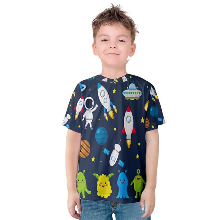 Big Set Cute Astronauts Space Planets Stars Aliens Rockets Ufo Constellations Satellite Moon Rover Kids  Cotton T-Shirt