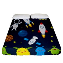 Big Set Cute Astronauts Space Planets Stars Aliens Rockets Ufo Constellations Satellite Moon Rover Fitted Sheet (queen Size) by Cemarart