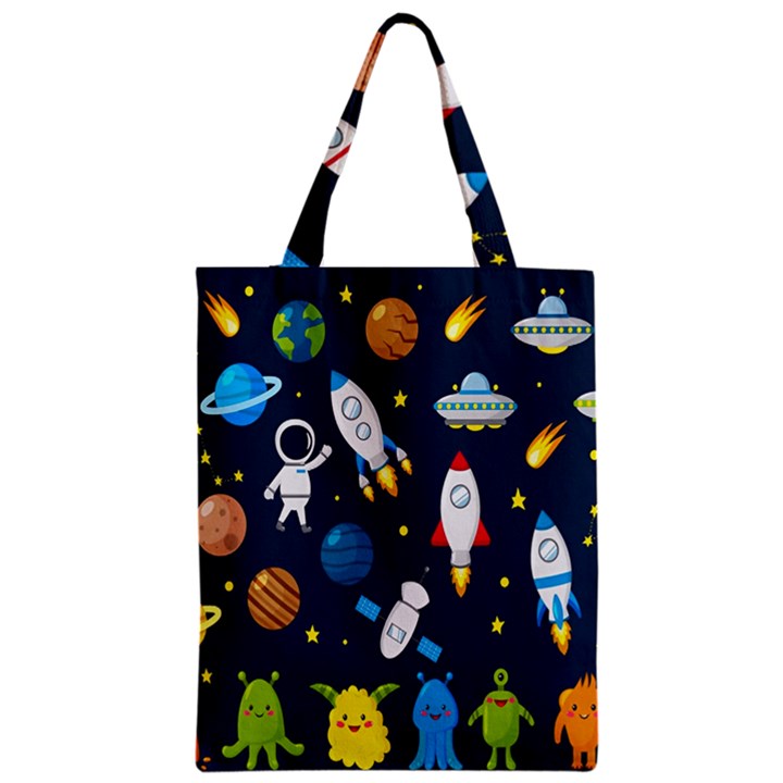 Big Set Cute Astronauts Space Planets Stars Aliens Rockets Ufo Constellations Satellite Moon Rover Zipper Classic Tote Bag