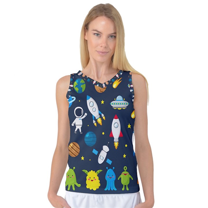 Big Set Cute Astronauts Space Planets Stars Aliens Rockets Ufo Constellations Satellite Moon Rover Women s Basketball Tank Top