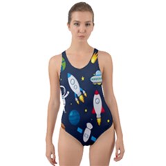 Big Set Cute Astronauts Space Planets Stars Aliens Rockets Ufo Constellations Satellite Moon Rover Cut-out Back One Piece Swimsuit by Cemarart