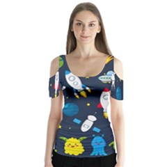 Big Set Cute Astronauts Space Planets Stars Aliens Rockets Ufo Constellations Satellite Moon Rover Butterfly Sleeve Cutout T-shirt 