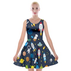 Big Set Cute Astronauts Space Planets Stars Aliens Rockets Ufo Constellations Satellite Moon Rover Velvet Skater Dress by Cemarart