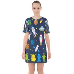 Big Set Cute Astronauts Space Planets Stars Aliens Rockets Ufo Constellations Satellite Moon Rover Sixties Short Sleeve Mini Dress by Cemarart