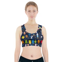 Big Set Cute Astronauts Space Planets Stars Aliens Rockets Ufo Constellations Satellite Moon Rover Sports Bra With Pocket by Cemarart