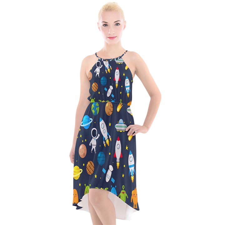 Big Set Cute Astronauts Space Planets Stars Aliens Rockets Ufo Constellations Satellite Moon Rover High-Low Halter Chiffon Dress 